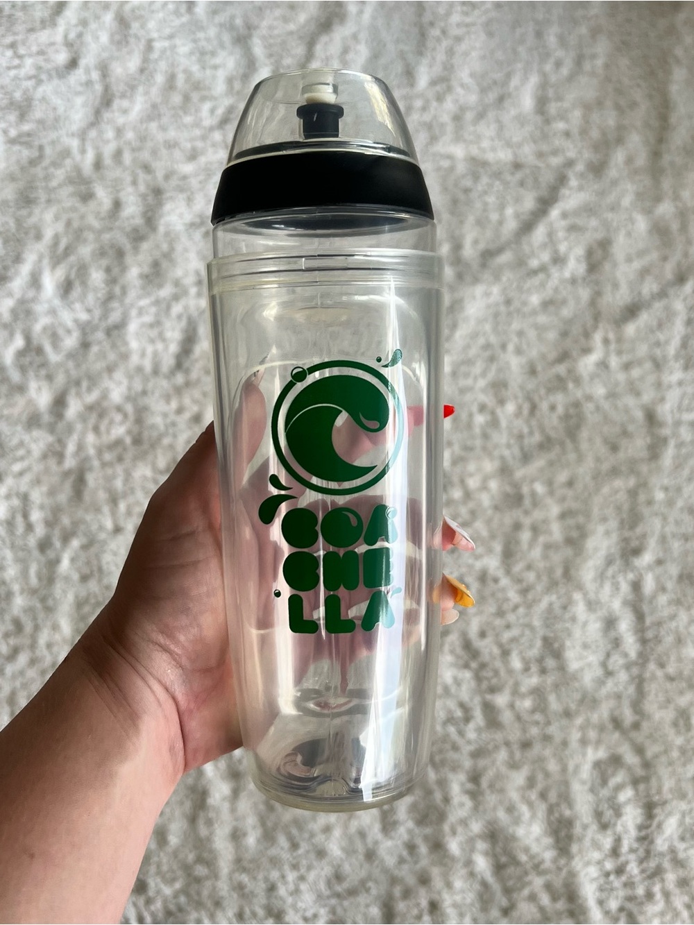 Coachella Water Bottle- Clear Water Bottle with Black Lid - Green Logo